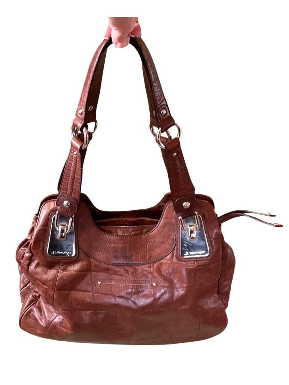 B. Makowsky Brown Leather Boho Bag With Leopard Print Lining & Dust Bag